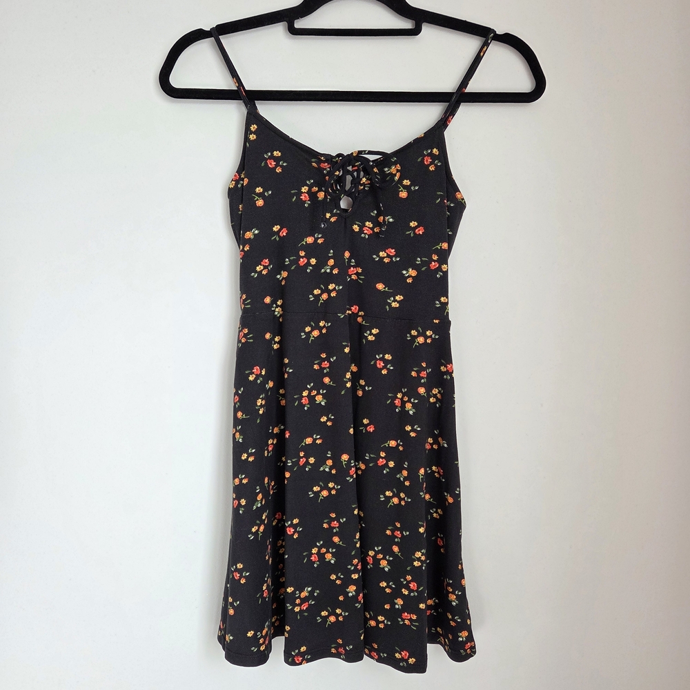 No Boundries Black Floral Sleeveless Mini Skater Dress Tie Front Size XS Junior